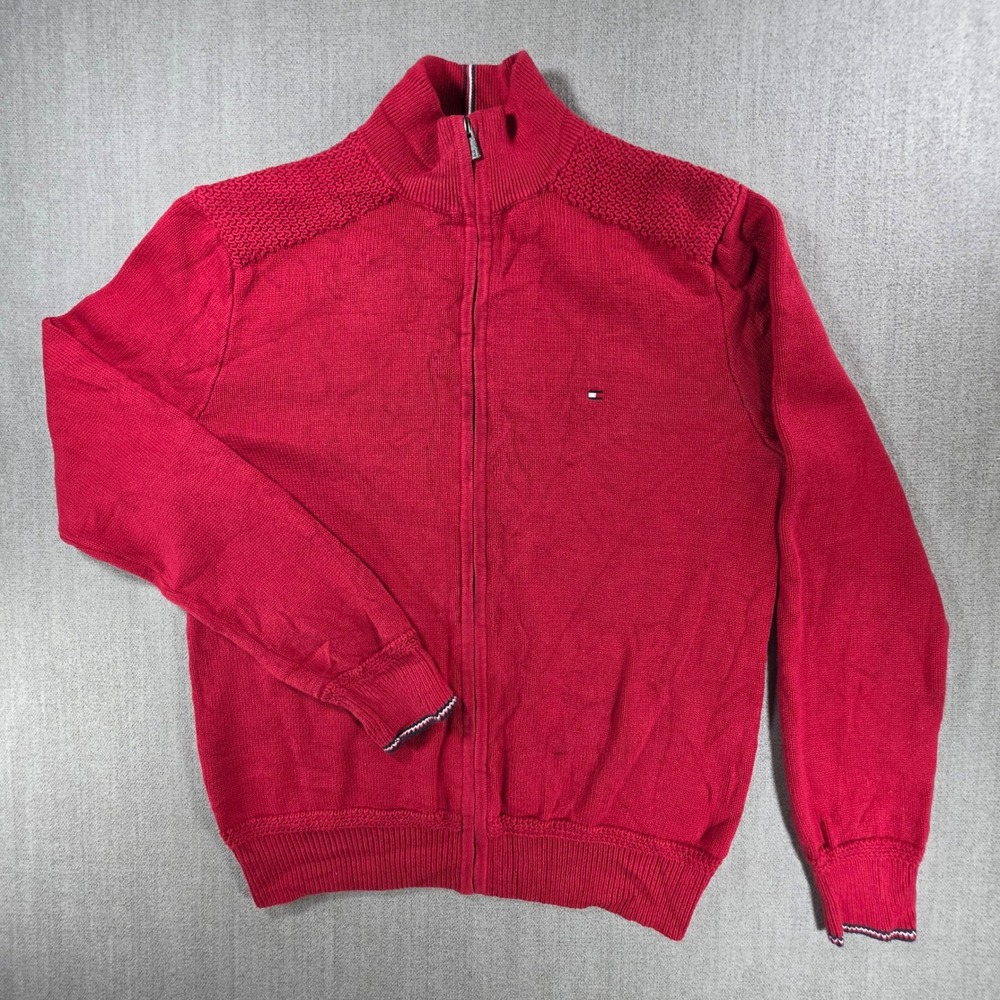 Tommy Hilfiger Full Zip Sweater Mens Small Red Logo‎ Knit Cardigan B12-847
